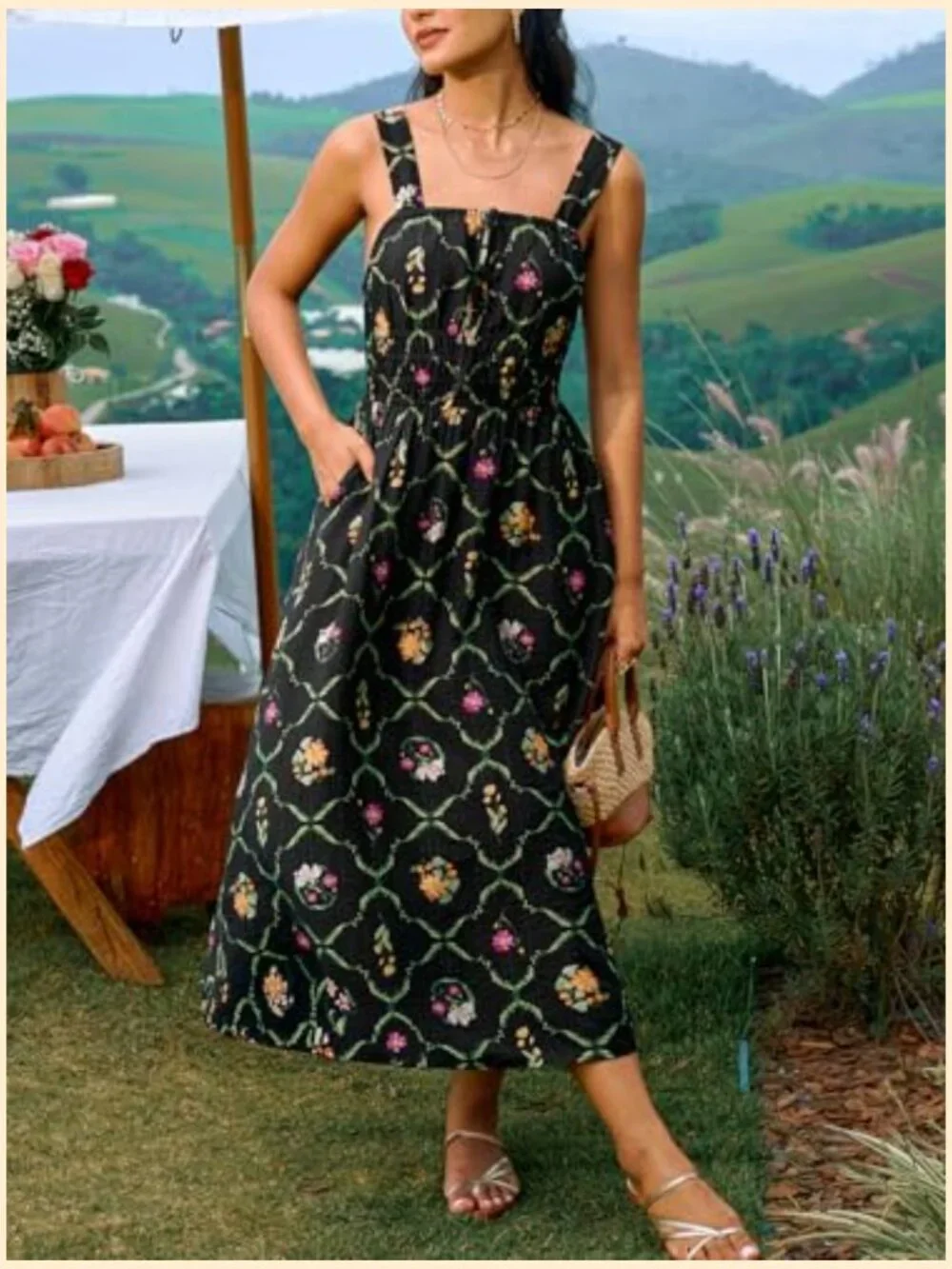 Backless Square Neck Smocked Midi Dress with Pockets - Picture 7 of 7